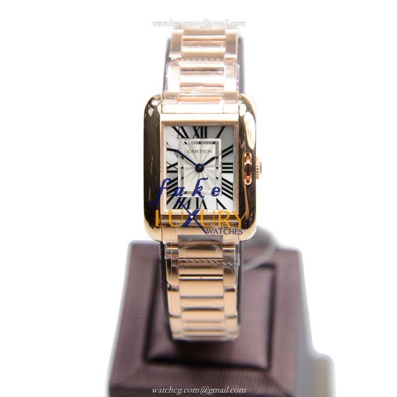 Cartier W5310013 TANK Quartz 18kt Rose Gold Replica Watch, Silver Dial, Gold Strap - Image 2