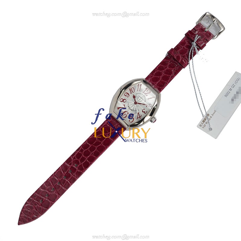 Franck Muller 5002 M QZ OG Replica Watch Quartz Movement 18kt White Gold Case Silver Dial Red - Image 2