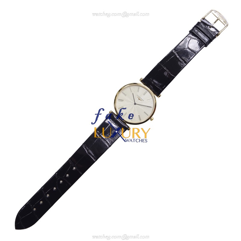 Longines L4.709.2.41.2 La Grande Replica Watch, Gold Dial, PVD Gold Case, Black Leather Strap - Image 2