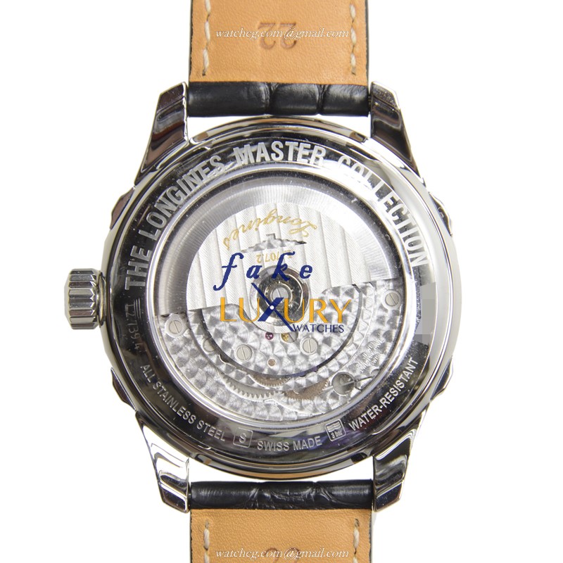 Longines L2.739.4.51.7 MASTER Replica Watch, Automatic, Black Dial, Steel Case, Alligator Strap - Image 4