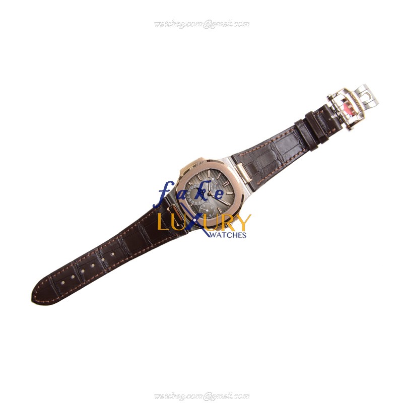 Patek Philippe 5712GR-001 Nautilus Replica Watch, Gray Dial, 18kt Rose Gold Case, Brown Alligator - Image 2
