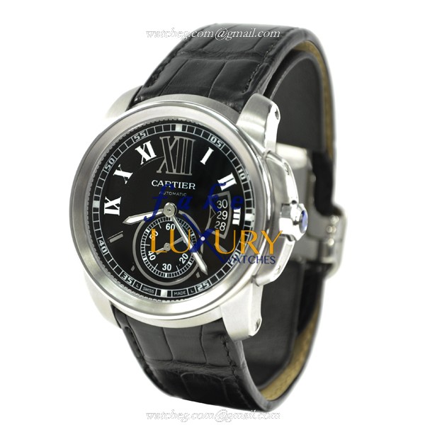 Cartier Calibre de Cartier W7100014 Automatic Steel Black Dial Alligator Replica Watch - Image 3