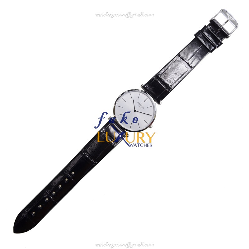 Longines L4.709.4.72.2 Quartz Stainless Steel Watch, 33mm, White Dial, Black Alligator, Replica - Image 2