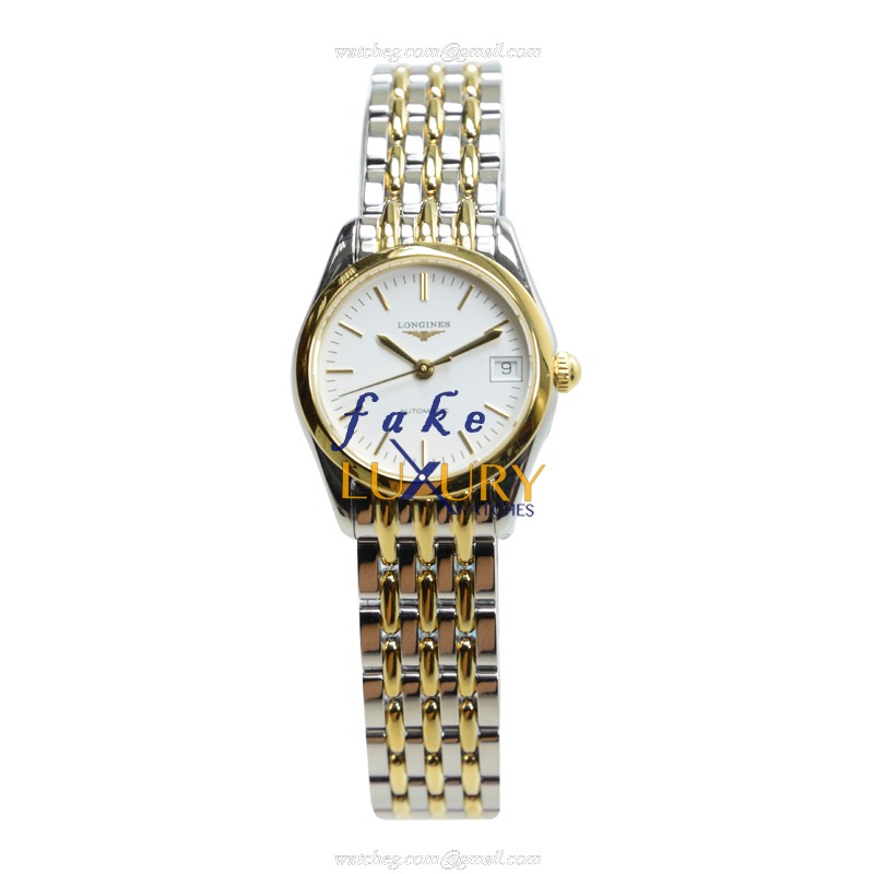 Longines L4.398.3.12.7 Elegant Series Automatic PVD Gold White Dial Silver Strap Replica Watch - Image 2