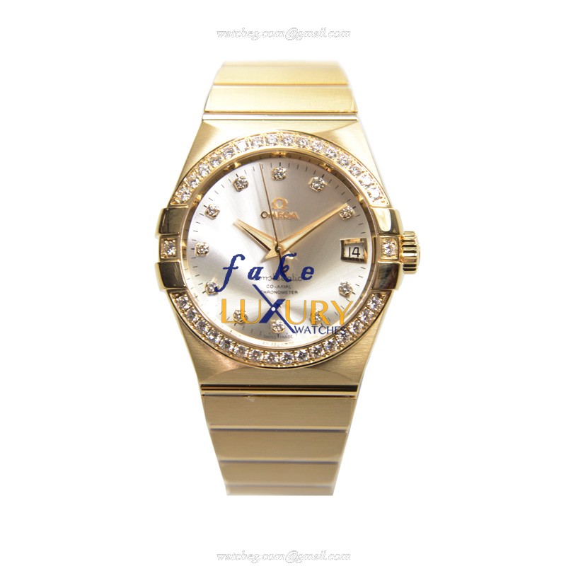Omega 123.55.38.21.52.002 Replica Watch, 18kt Gold & Diamond Case, Silver Dial, Automatic - Image 2
