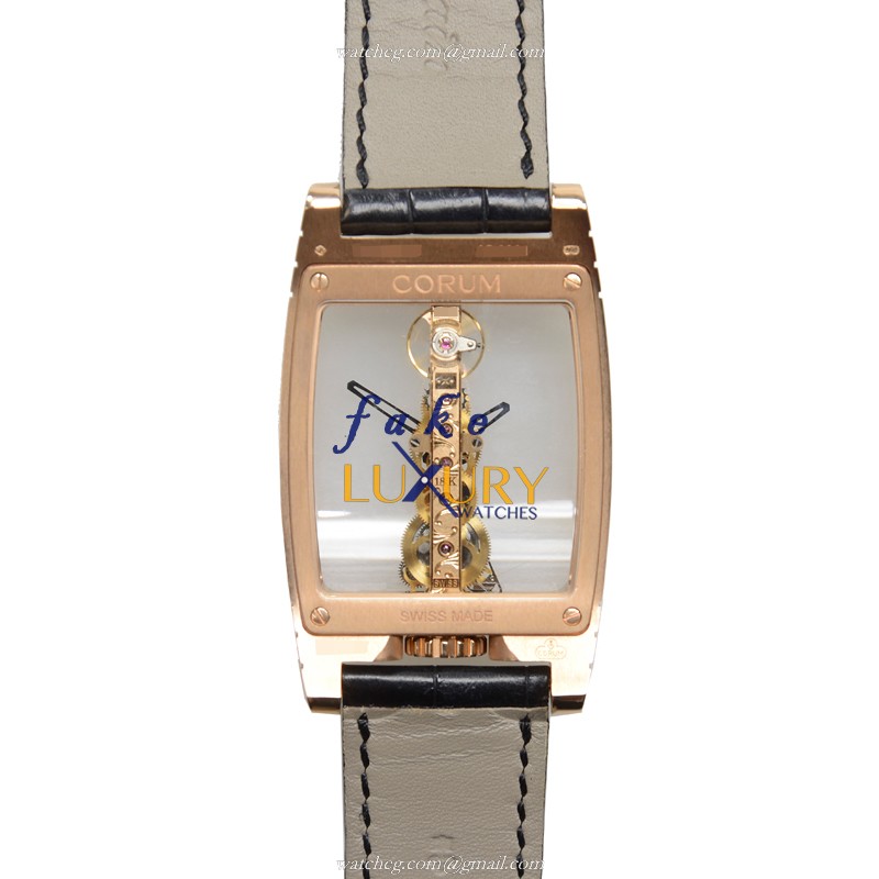 Corum Bridge Replica Watch 113.550.55-0001 000R Manual Wind 18kt Rose Gold Transparent Skull Dial - Image 3