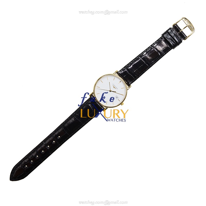 Longines L4.743.6.12.0 Quartz Replica Watch, 18kt Yellow Gold Case, White Dial, Black Alligator - Image 2