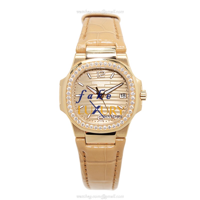 Patek Philippe 7010R-012 Nautilus Replica Watch 32mm 18kt Rose Gold Diamonds Quartz Gold Dial - Image 2