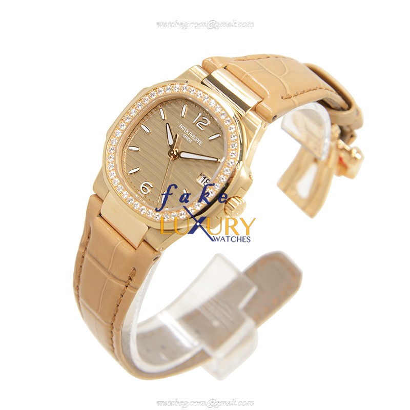 Patek Philippe 7010R-012 Nautilus Replica Watch 32mm 18kt Rose Gold Diamonds Quartz Gold Dial - Image 3