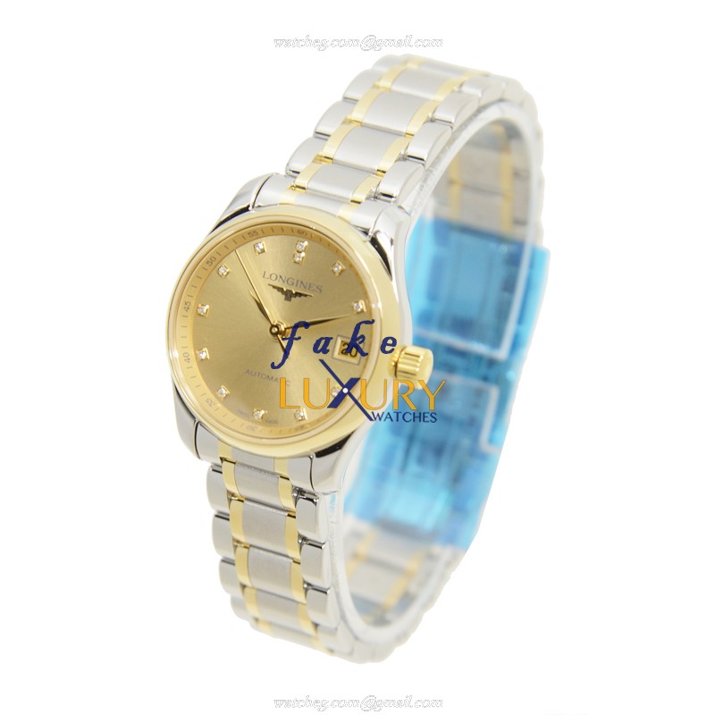 Longines Master L2.128.5.37.7 Automatic 18kt Gold & Steel Gold Dial Silver Strap Replica Watch - Image 3