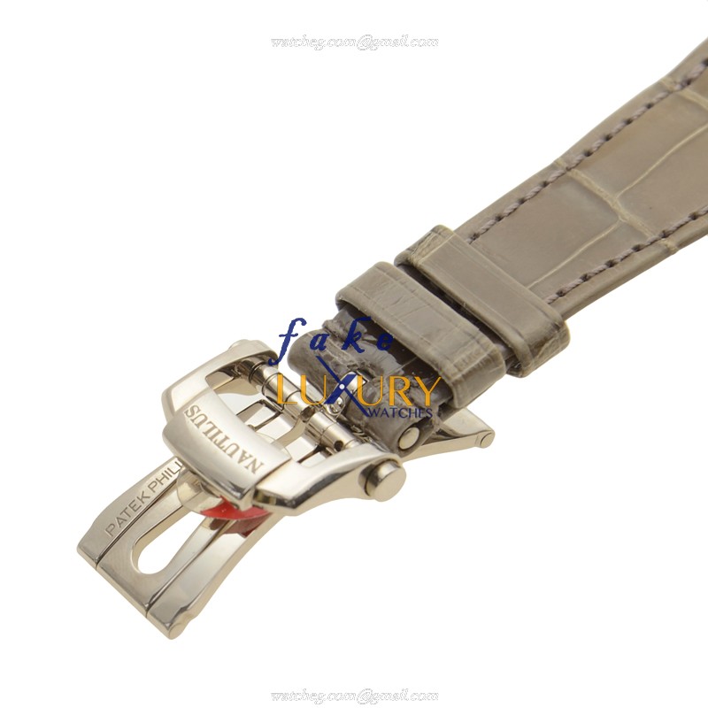Patek Philippe Nautilus 7010G-012 Quartz 18kt White Gold Diamond Gray Dial Brown Alligator Replica - Image 3