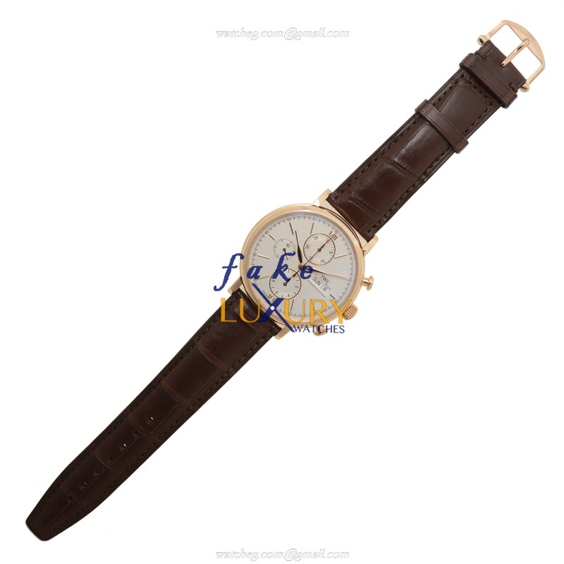IWC IW391020 Portofino Replica Watch, Silvery White Dial, 18kt Rose Gold Case, Brown Alligator Strap - Image 2