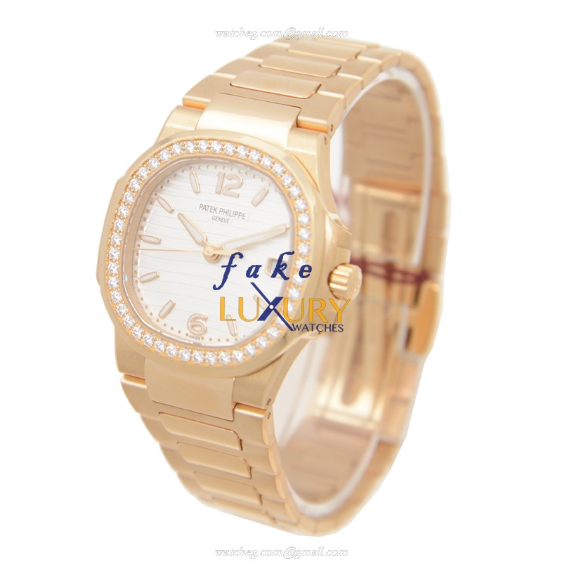 Patek Philippe 7010/1R-011 Replica Watch, Quartz Movement, White Dial, Rose Gold & Diamonds Case - Image 3
