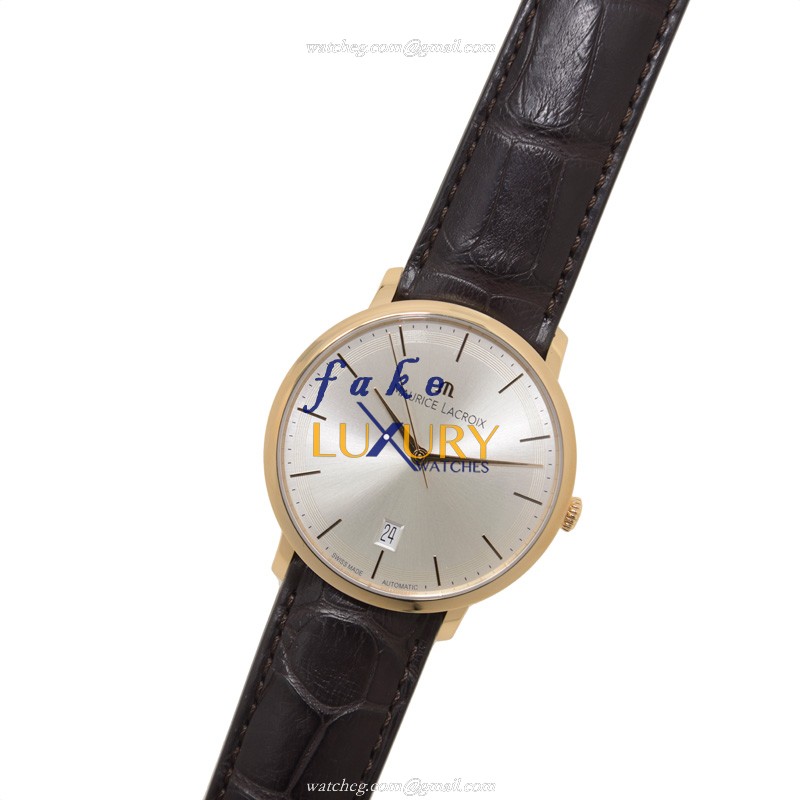 Maurice Lacroix LC6007-PG101-130 Replica Watch, Automatic, Silver Dial, 18kt Rose Gold Case, Brown - Image 2