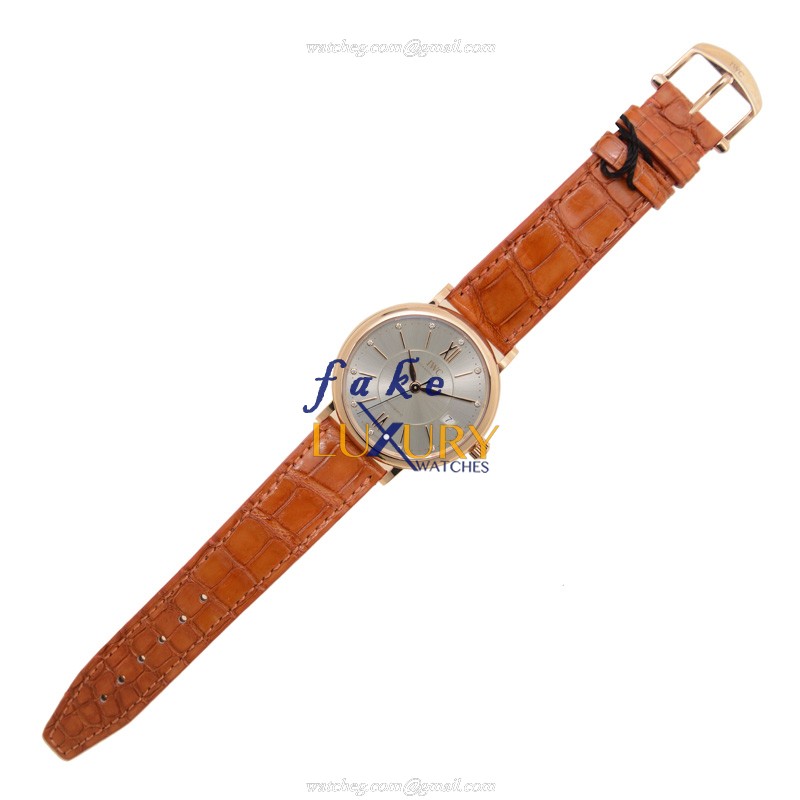 IWC Portofino Automatic 18kt Rose Gold IW458105 Silver Dial Orange Alligator Strap Replica Watch - Image 2