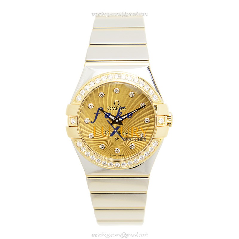 Omega 123.25.27.60.58.002 Replica Watch, Quartz, Gold Dial, 18kt Gold & Diamond & Steel Case - Image 2