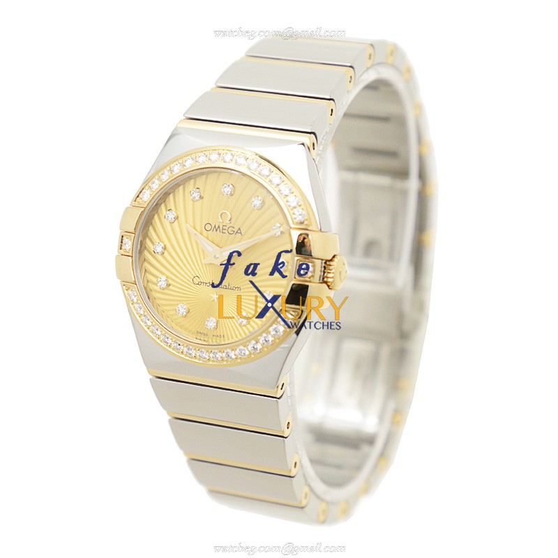Omega 123.25.27.60.58.002 Replica Watch, Quartz, Gold Dial, 18kt Gold & Diamond & Steel Case - Image 3