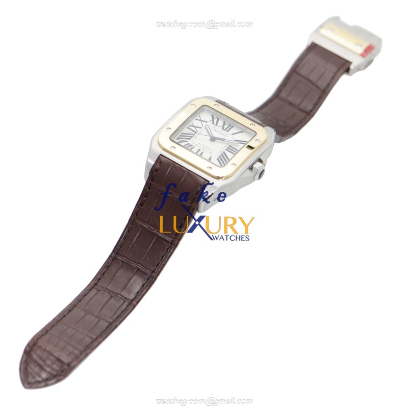 Cartier W20072X7 Santos Automatic 18kt Gold & Steel Replica Watch, Silver Dial, Alligator Brown - Image 2