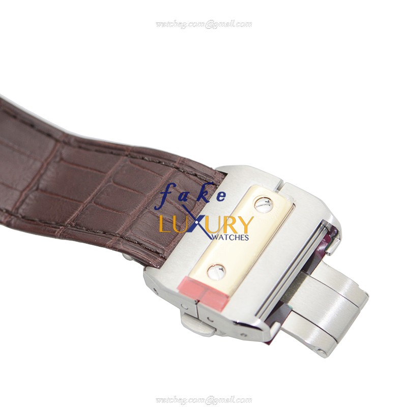 Cartier W20072X7 Santos Automatic 18kt Gold & Steel Replica Watch, Silver Dial, Alligator Brown - Image 4