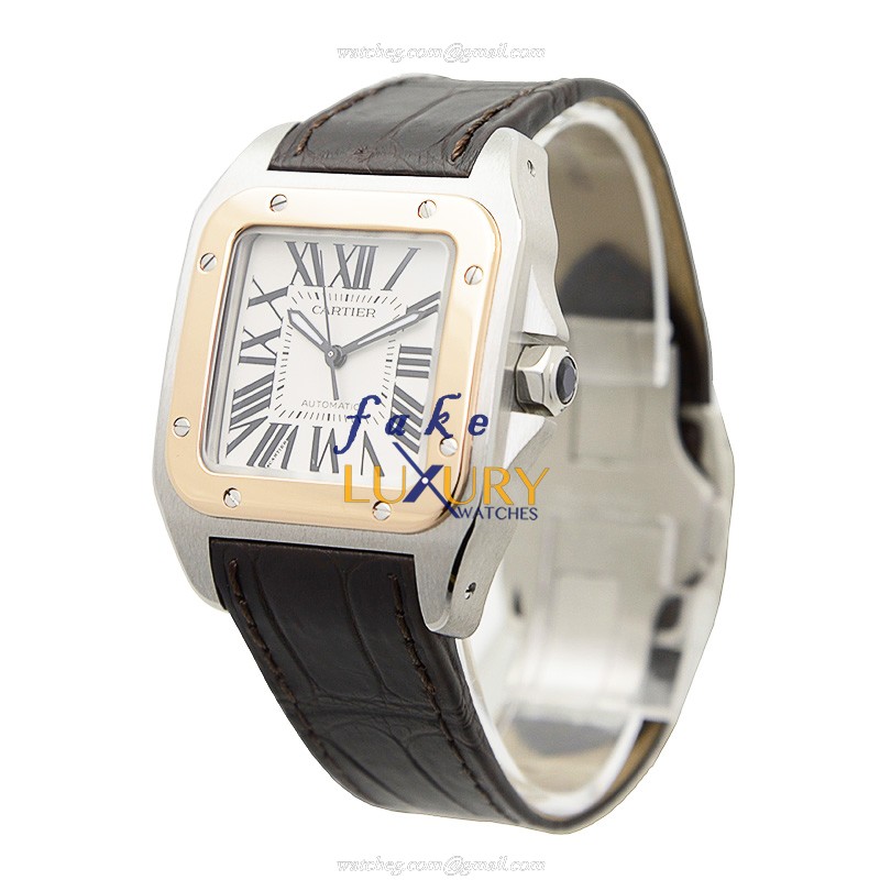 Cartier W20107X7 Santos Automatic 18kt Rose Gold Replica Watch, White Dial, Dark Brown Alligator - Image 3