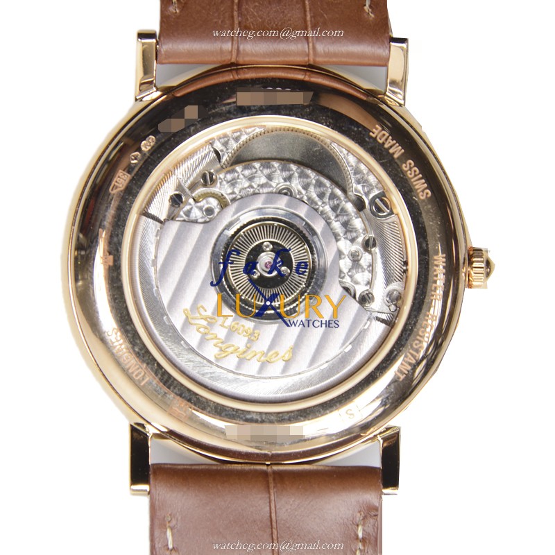 Longines L4.785.8.73.2 AUTO 18kt Rose Gold Replica Watch | White Dial | Brown Alligator Strap - Image 3
