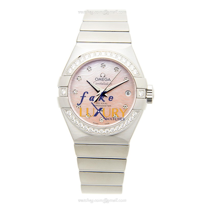 Omega Replica Watch 123.15.27.20.57.002 Automatic Pink Dial Silver Steel & Diamond Case - Image 2