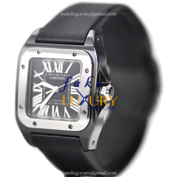 Cartier W2020008 Santos Automatic Stainless Steel Watch Replica, Swiss Movement, Black Dial & Silk - Image 3