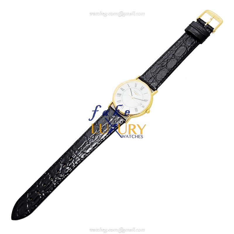 Longines L4.720.2.11.2 Replica Watch, Quartz, White Dial, PVD Gold Case, Black Leather Strap - Image 2