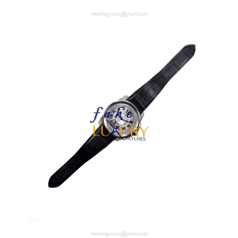 Cartier W7100028 Calibre de Cartier Replica Watch, Manual Wind Titanium Case, Silver Dial, Black - Image 2
