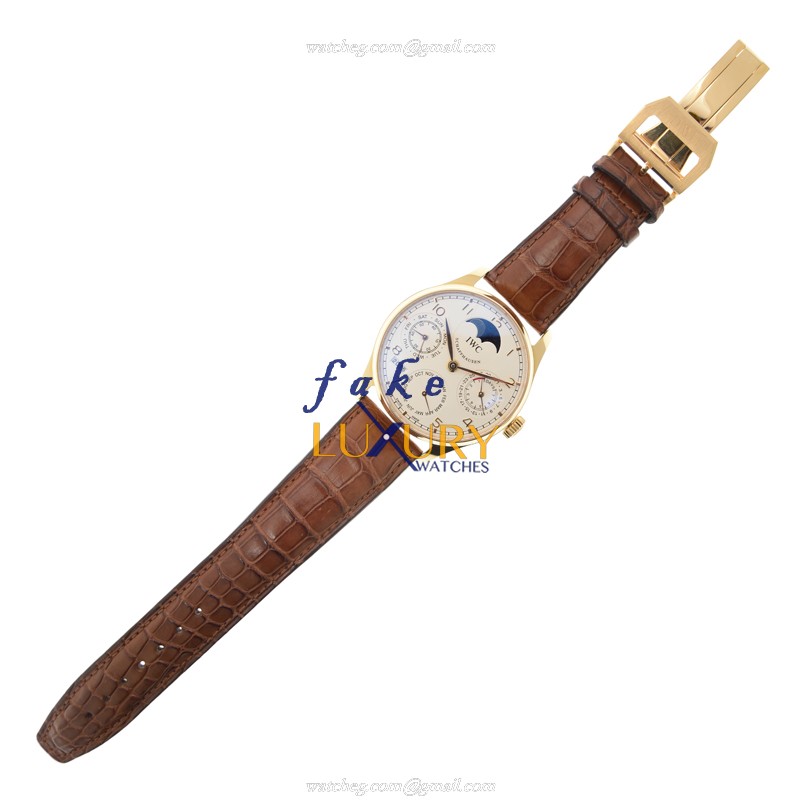 IWC Portuguese IW502213 Manual Wind 18kt Rose Gold White Dial Brown Alligator Replica Watch - Image 2
