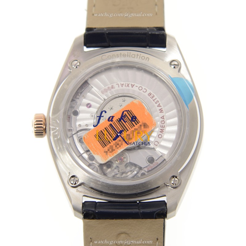Omega Constellation 130.23.39.21.03.001 Replica Watch, Blue Dial, 18kt Rose Gold & Steel, Alligator - Image 3