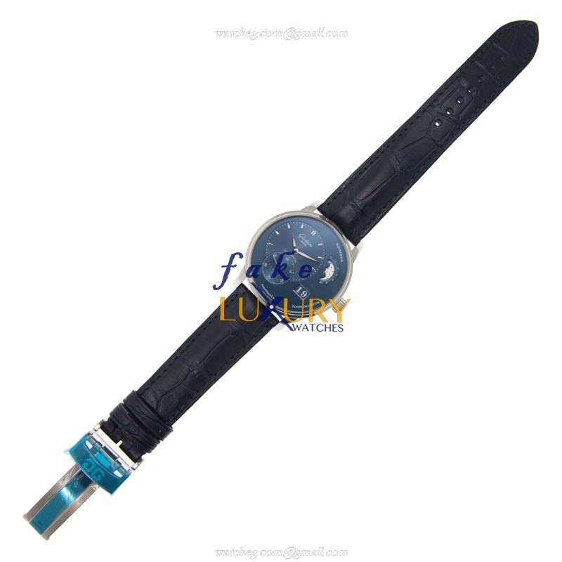 Glashutte 1-90-02-46-32-35 PANO Automatic Blue Dial Replica Watch, Steel Case, Alligator Strap - Image 2