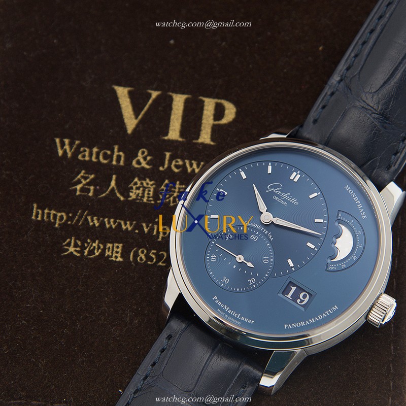 Glashutte 1-90-02-46-32-35 PANO Automatic Blue Dial Replica Watch, Steel Case, Alligator Strap - Image 5