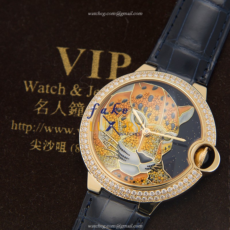 Cartier HPI01061 BALLON BLEU Auto 18kt Gold Diamond Replica Watch - Orange Dial Blue Alligator Strap - Image 5