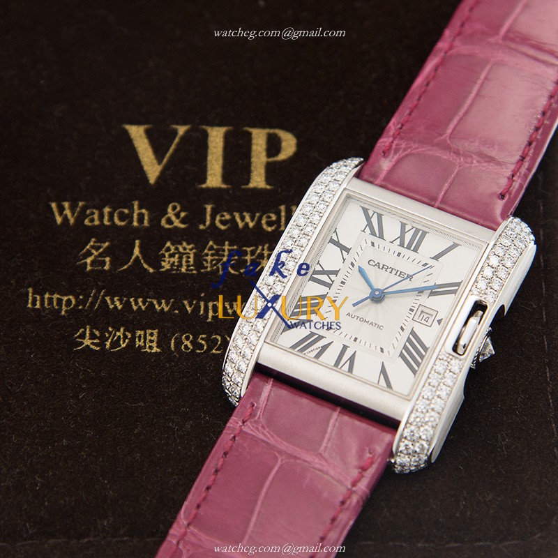 Cartier WT100018 TANK - Replica Watch - Automatic - Stainless Steel & Diamonds - Purple Alligator - Image 5