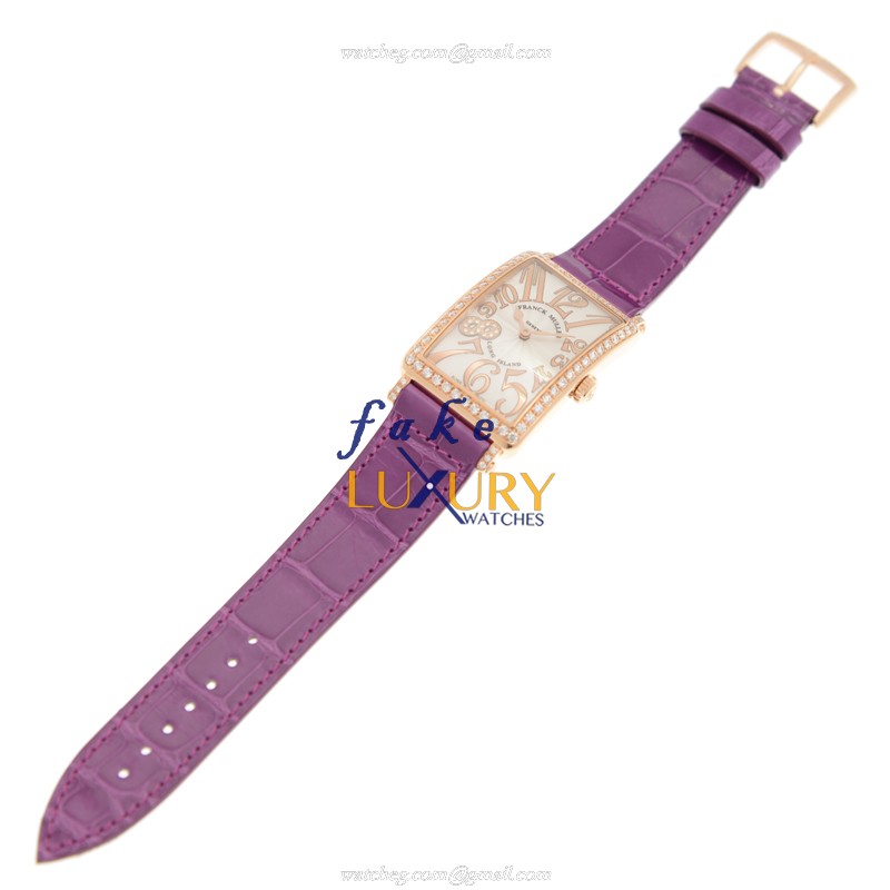 Franck Muller 952QZREL1R LONG ISLAND Quartz Rose Gold Diamond Replica Watch 26mm White Dial Purple - Image 2