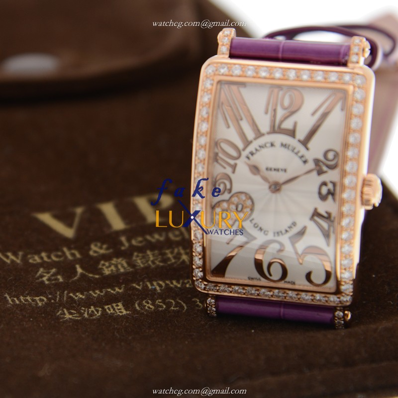Franck Muller 952QZREL1R LONG ISLAND Quartz Rose Gold Diamond Replica Watch 26mm White Dial Purple - Image 5