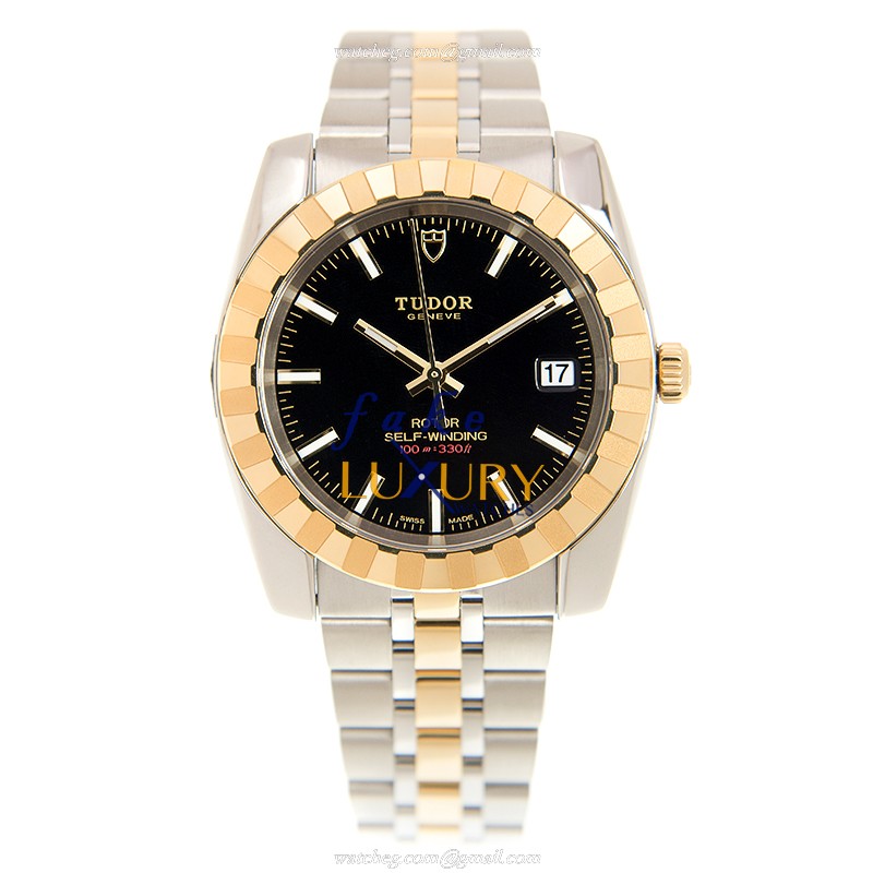 21013-62583-BK - Tudor CLASSIC Automatic 18kt Gold & Steel Replica Watch - Black Dial Silver & Gold - Image 2