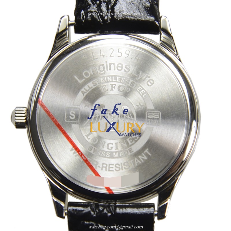 Longines L4.259.4.11.2 Replica Watch, Quartz, Beige Dial, Steel Case, Black Leather Strap - Image 3
