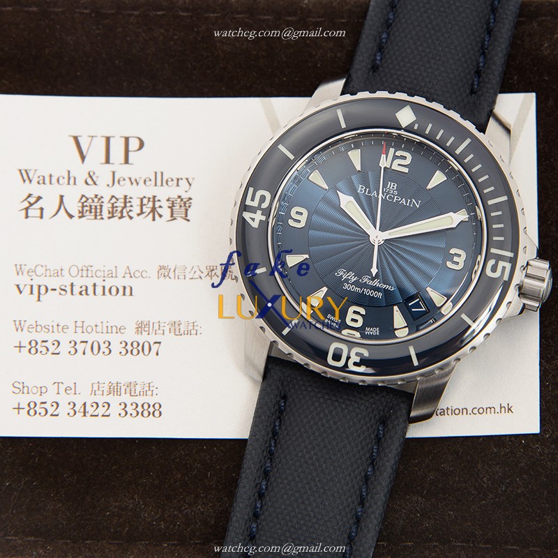 Blancpain 5015D-1140-52B Fifty Fathoms Replica Watch, Automatic, Blue Dial, Steel Case, Canvas Strap - Image 5