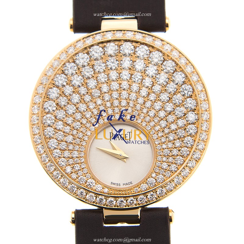 Piaget G0A36243 LIMELIGHT Quartz 18kt Rose Gold Silver Dial Silk Strap Replica Watch - Image 3