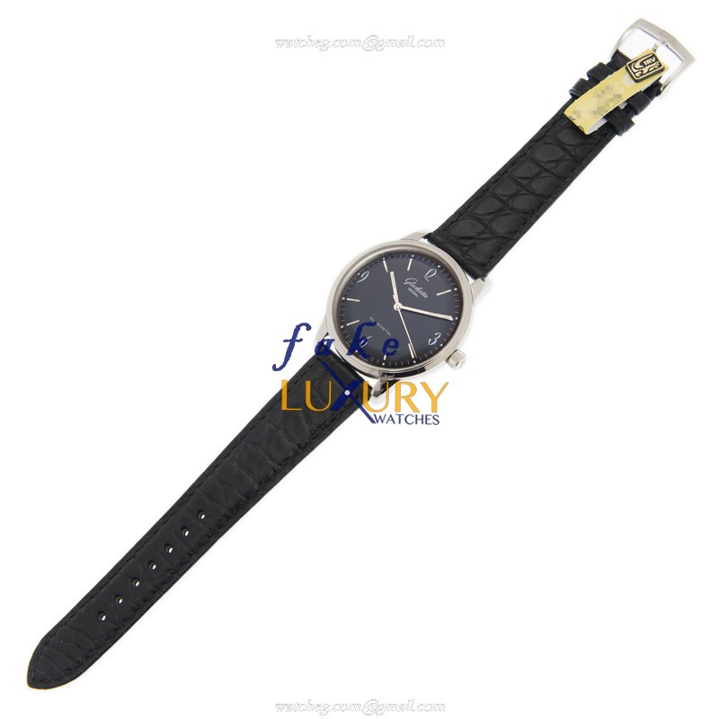 Glashutte 1-39-52-04-02-04 Senator Sixties Replica Watch, Black Dial, Steel Case, Alligator Strap - Image 2