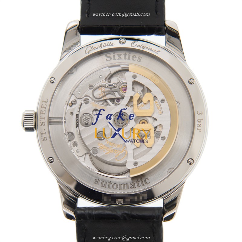 Glashutte 1-39-52-04-02-04 Senator Sixties Replica Watch, Black Dial, Steel Case, Alligator Strap - Image 3