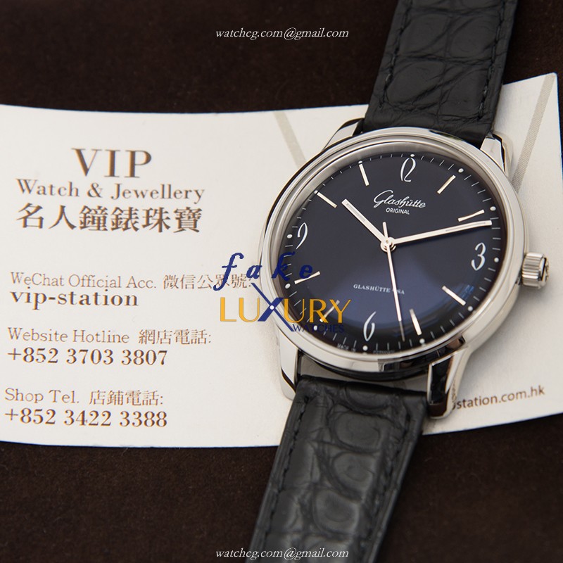 Glashutte 1-39-52-04-02-04 Senator Sixties Replica Watch, Black Dial, Steel Case, Alligator Strap - Image 5