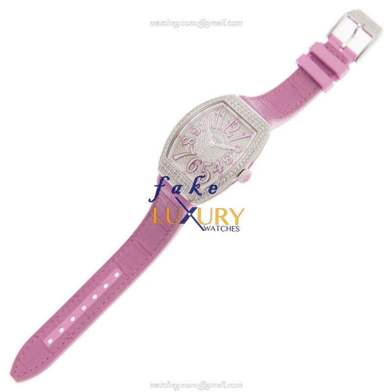 Franck Muller V 32 QZ D CD AC.RS Quartz Stainless Steel & Diamond Replica Watch - Silver Dial, Pink - Image 2