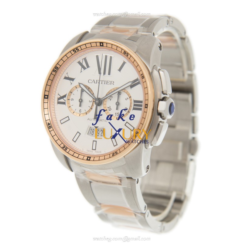 Cartier W7100042 CALIBRE DE CARTIER AUTO 18kt Rose Gold & Steel | White Dial | Silver & Gold Strap - Image 3