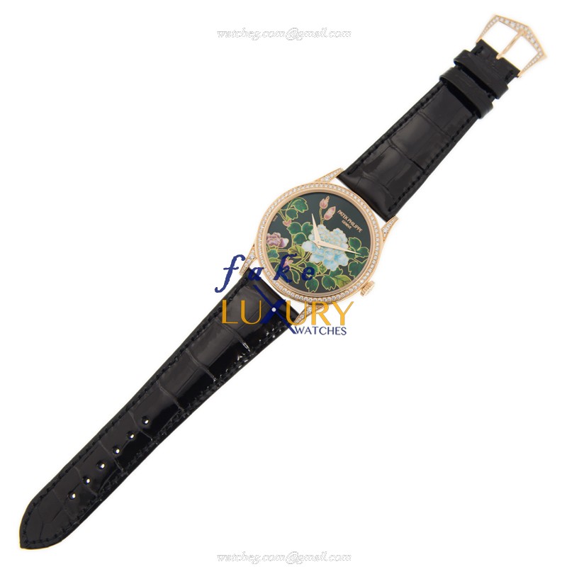 Patek Philippe 5077/100R-027 Calatrava Replica Watch, Black Dial, Rose Gold & Diamonds Case - Image 2