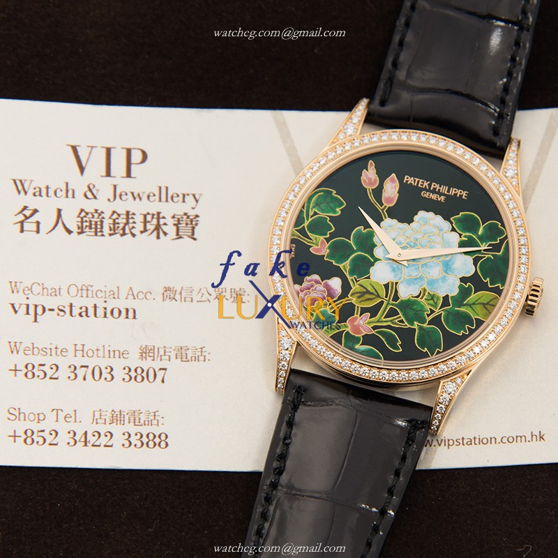 Patek Philippe 5077/100R-027 Calatrava Replica Watch, Black Dial, Rose Gold & Diamonds Case - Image 5