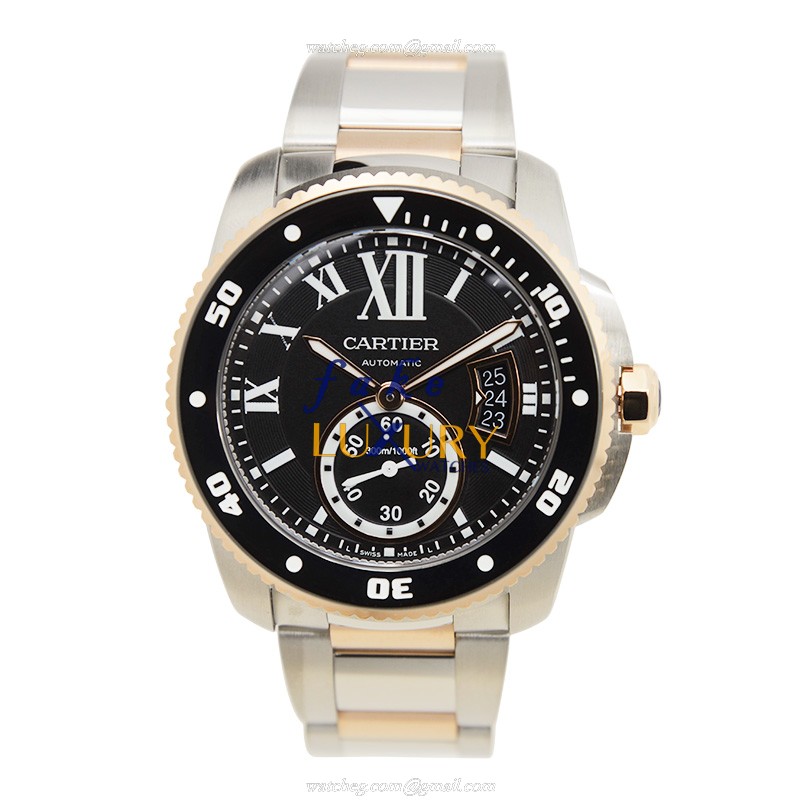 Cartier W7100054 CALIBRE DE CARTIER Auto 42mm 18kt Rose Gold & Steel Case Black Dial Silver Strap - Image 2