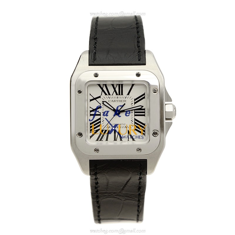 Cartier W20106X8 SANTOS Auto Stainless Steel Replica Watch, White Dial, Alligator Strap - Image 2